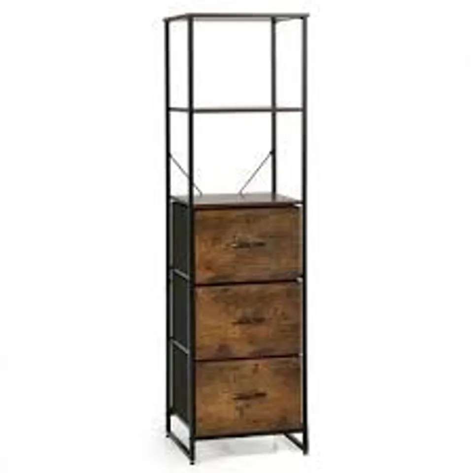 BOXED COSTWAY STORAGE CABINET WITH 3 DRAWERS AND 3-TIER TALL SHELF FOR BEDROOM - RUSTIC BROWN