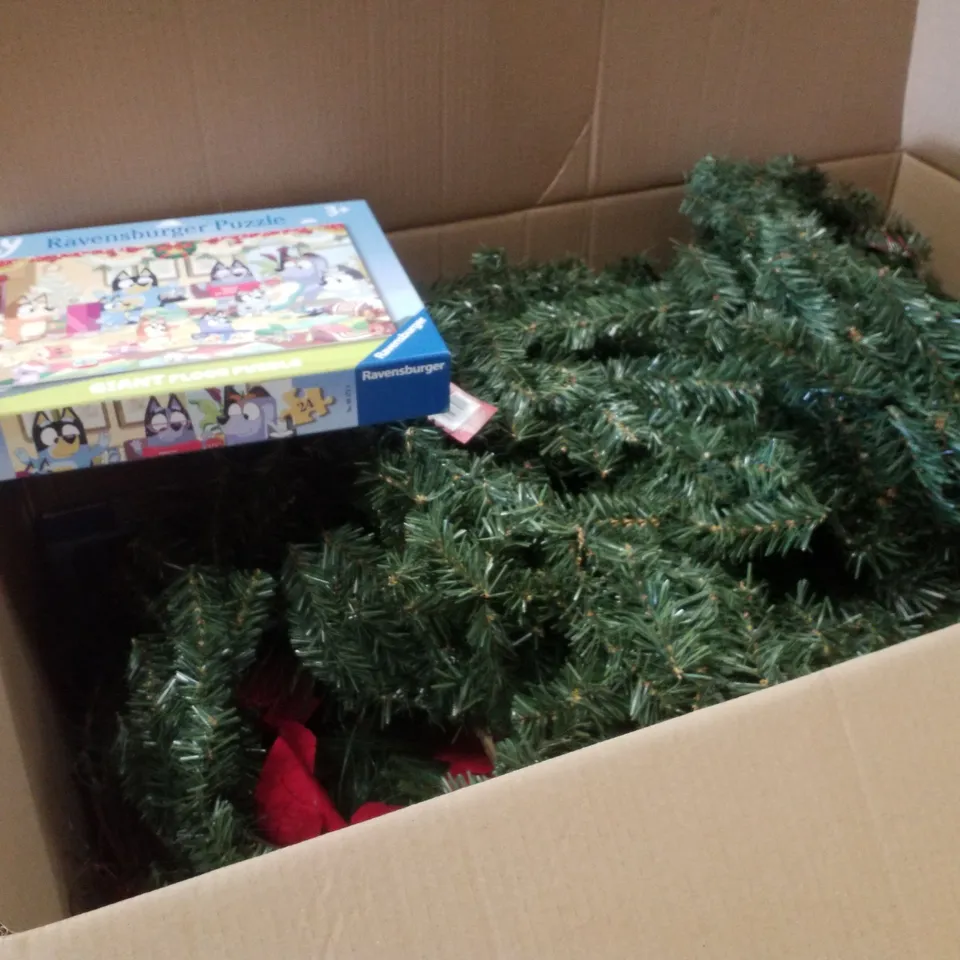 PALLET CONTAINING ASSORTED CHRISTMAS  PRODUCTS & DECORATIONS INCLUDING LED NEON LIGHT, LED WOODEN TREES, COLOUR-IN CARDBOARD CHRISTMAS TREE, WREATHS & CHRISTMAS PUZZLES