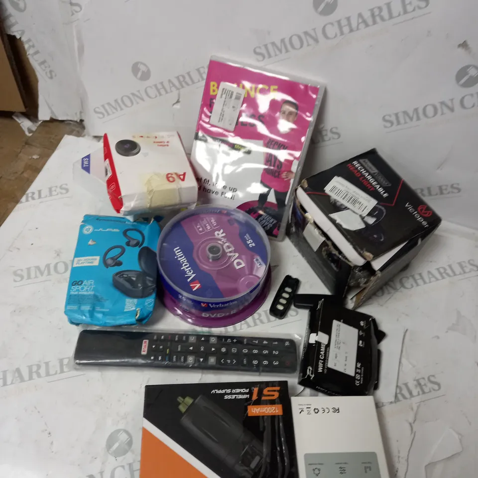 9 RANDOM ELECTRICAL ITEMS INCLUDING REMOTE, DVD, WIRELESS EARPHONES