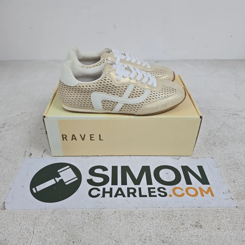 BOXED PAIR OF RAVEL LENNEL TRAINERS IN GOLD COLOUR - UK 3