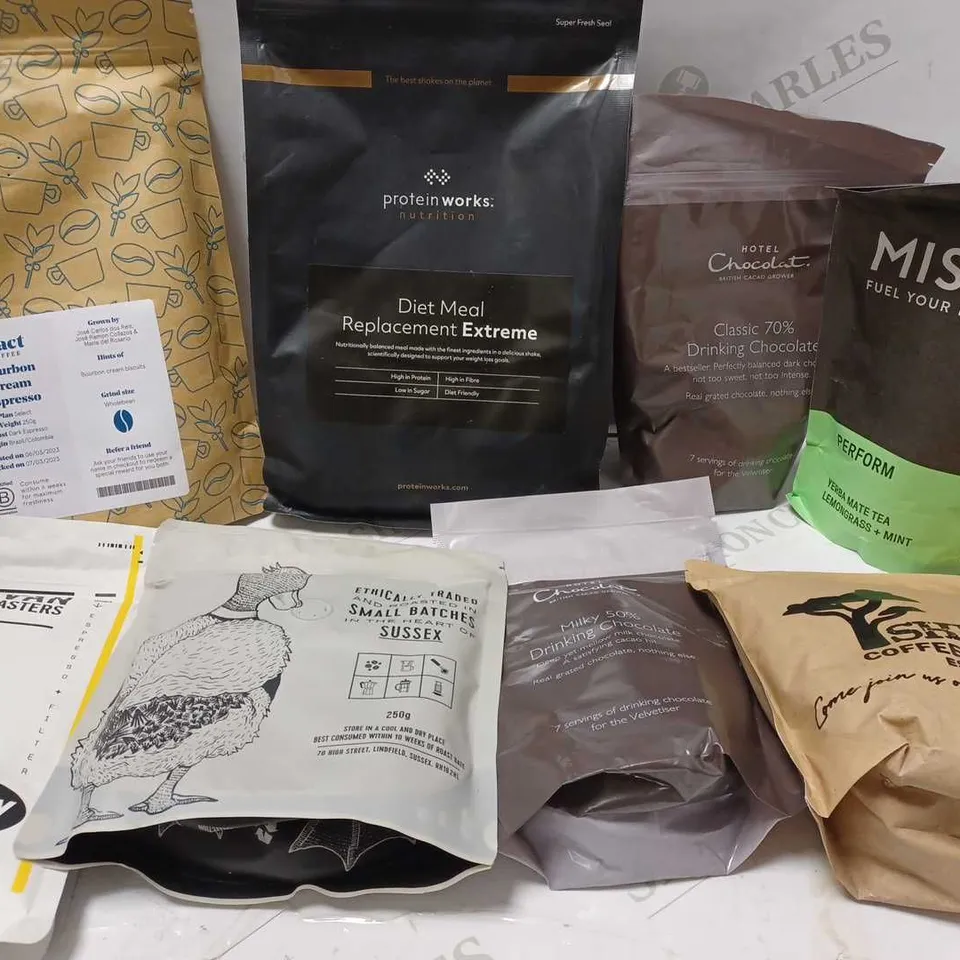LOT OF APPROX 8 ASSORTED DRINK PRODUCTS TO INCLUDE PACT COFFEE BOURBON CREAM ESPRESSO, PROTEINWORKS REPLACEMENT EXTREME, HOTEL CHOCOLAT DRINKING CHOCOLATE , ETC