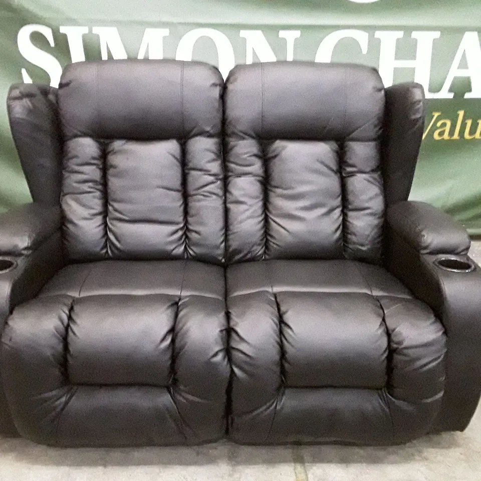 QUALITY DESIGNER ELECTRIC RECLINER 2 SEATER SOFA WITH CUPHOLDERS - BLACK LEATHER