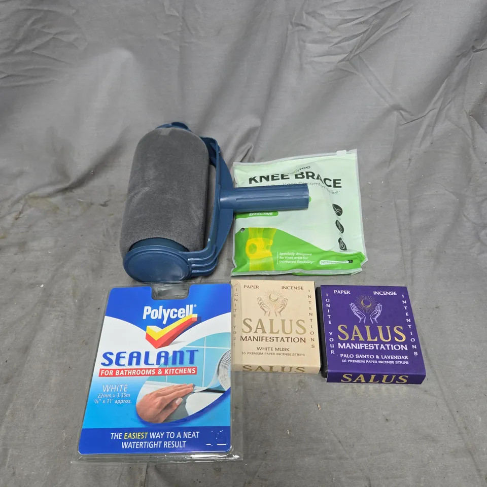 APPROXIMATELY 15 ASSORTED HOUSEHOLD ITEMS TO INCLUDE KNEE BRACE, INCENSE STRIPS, SEALANT, ROLLER ETC