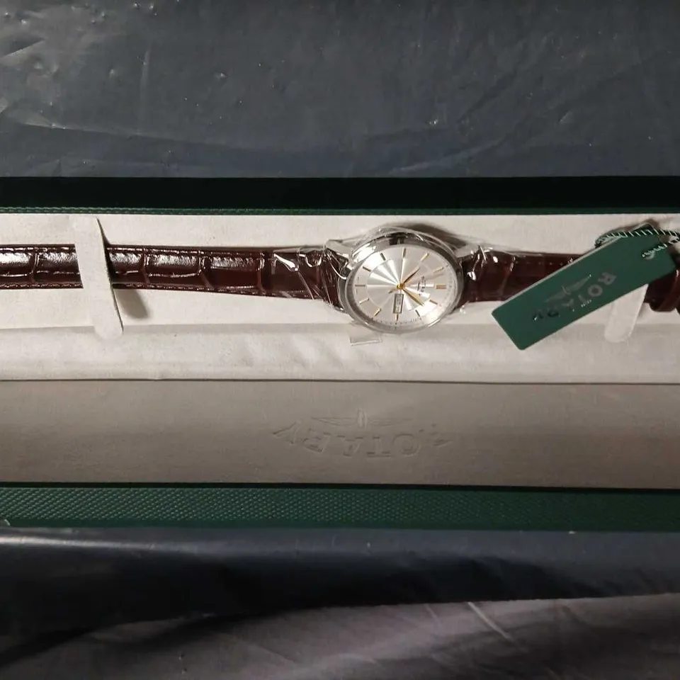 ROTARY DAY-DATE WRISTWATCH, SILVER DIAL, BROWN CROCODILE-EMBOSSED LEATHER STRAP – BOXED