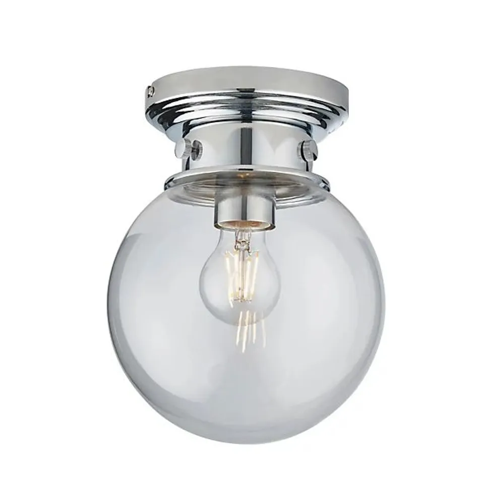 BOXED LUMINOSA CHESWICK SEMI FLUSH CEILING LIGHT CHROME, CLEAR GLASS GLOBE SHADE, IP44