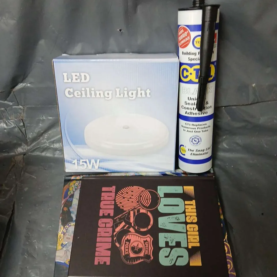 APPROXIMATELY 12 ASSORTED HOUSEHOLD ITEMS TO INCLUDE LED CEILING LIGHT, CT1 SEALANT, TRUE CRIME NOTEBOOK, ETC