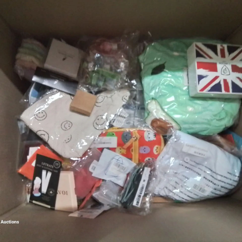 BOX CONTAINING LARGE AMOUNT OF MIXED FASHION ITEMS, SILVER PLATE AND COSTUME JEWELLERY, CLOTHING ITEMS ETC.