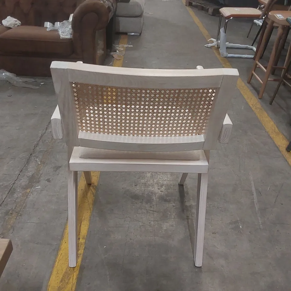 DESIGNER SOLID WOOD DINING CHAIR WITH RATTAN BACK AND PADDED SEAT