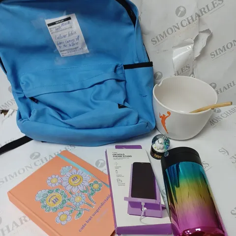 APPROXIMATELY 5 COTTON ON ITEMS INCLUDING BLUE BACKPACK, PURPLE WOODEN PHONE STAND, LARGE NBA FOOD BOWL