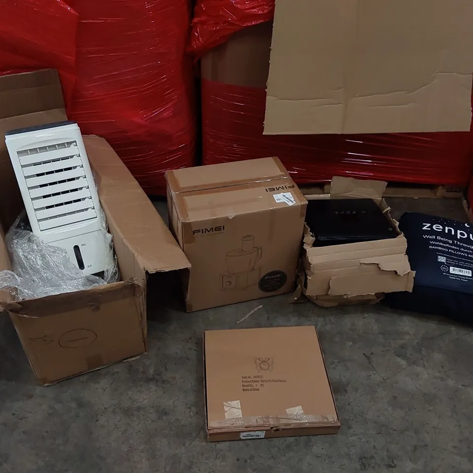 PALLET OF ASSORTED CONSUMER PRODUCTS TO INCLUDE; AIR COOLER, FIMEI FOOD PROCESSOR, PHONE SAFE, BAMBOO PILLOWS, BUTTERFLY WALL CLOCK