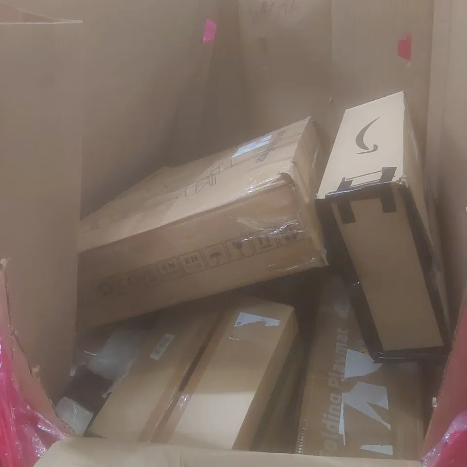 PALLET OF ASSORTED HOUSEHOLD ITEMS AND CONSUMER PRODUCTS TO INCLUDE; BACKPACK, PLAY MATS, PLAYPEN, WOODEN BABY WALKER ETC