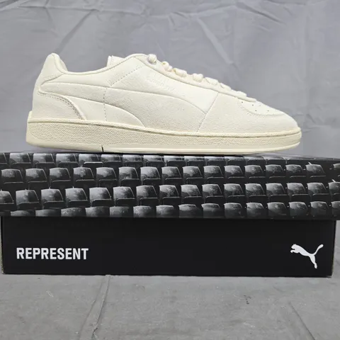 BOXED PAIR OF PUMA SUPER TEAM REPRESENT TRAINERS IN FROSTED IVORY-WARM WHITE SIZE UK 7