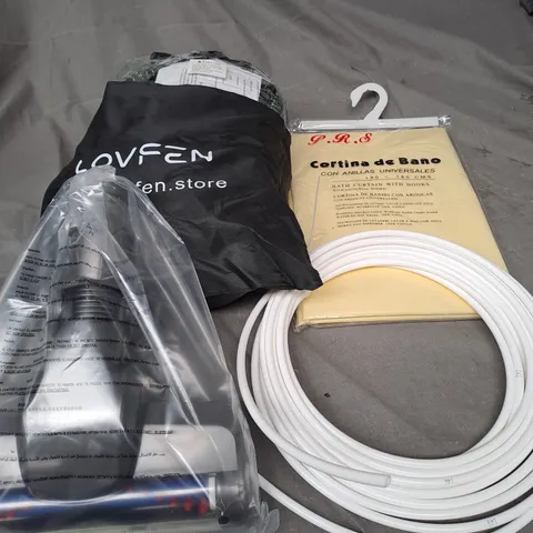 APPROXIMATELY 20 ASSORTED HOUSEHOLD PRODUCTS TO INCLUDE GARDEN HOSE, SHOWER CURTAIN AND A VACUUM CLEANER HEAD