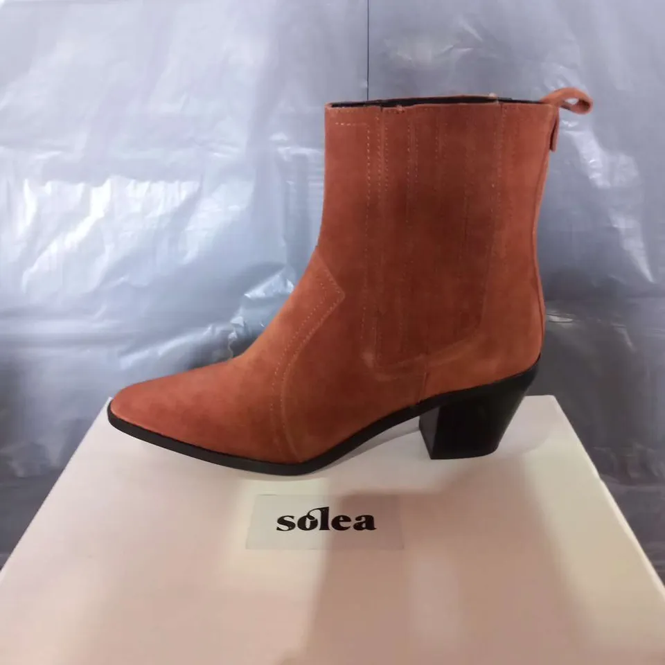 BOXED SOLEA FARES BROWN SUEDE ANKLE BOOTS SIZE 6