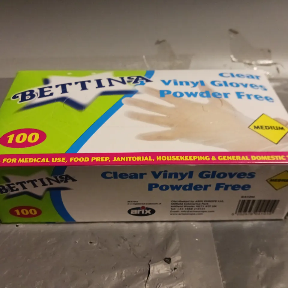 BOXED BETTINA CLEAR VINYL POWDER FREE GLOVES - SIZE MEDIUM (QTY 1000)