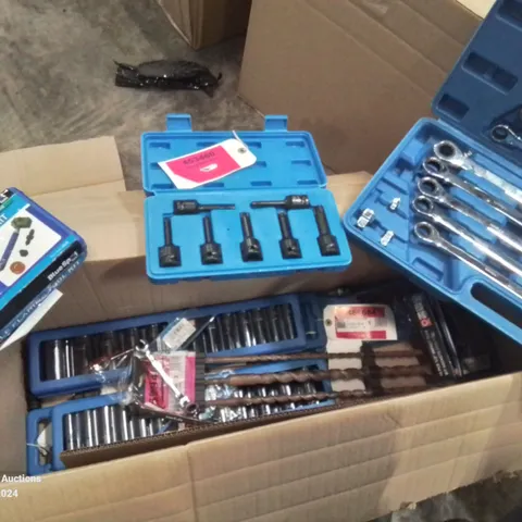 MIXED BOX OF TOOLS TO INCLUDE: VARIOUS SOCKET SETS, DOUBLE FLARING TOOL KIT ETC.