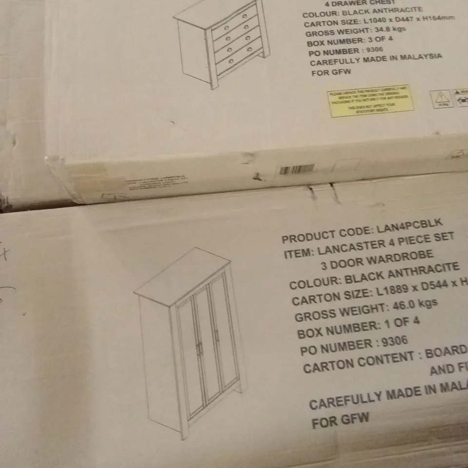 BOXED GFW LANCASTER 3 DOOR WARDROBE AND LANCASTER 4 DRAWER CHESTER - ANTHRACITE (3 BOXES)