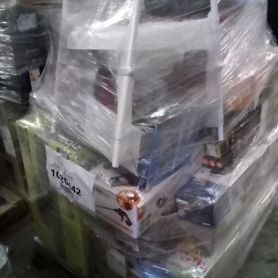 PALLET OF APPROXIMATELY 16 ASSORTED ELECTRICAL ITEMS TO INCLUDE LAWNMOWERS. TRIMMERS , PLUMGE SAWS , ETC  