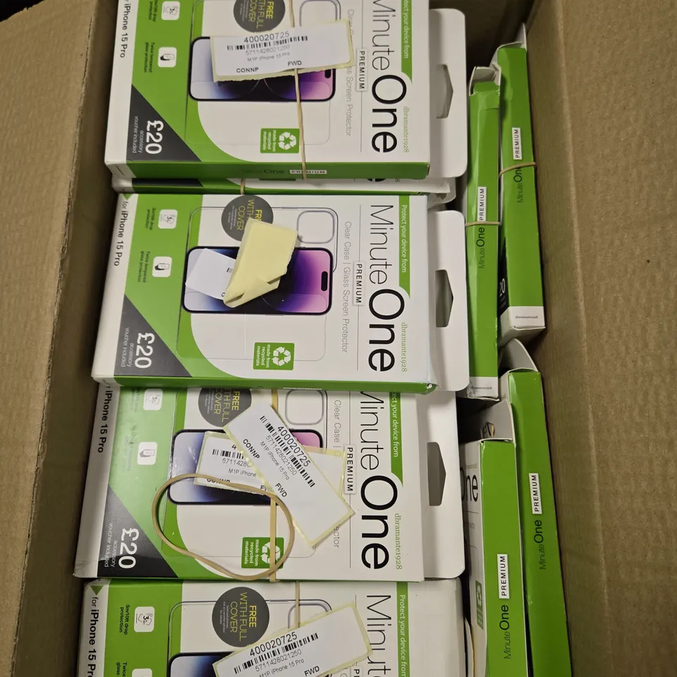 APPROXIMATELY 60 BOXED MINUTE ONE CLEAR PROTECTIVE CASES FOR IPHONE 15 PRO 