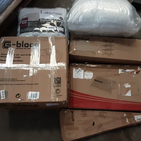 PALLET OF ASSORTED PRODUCTS INCLUDING HOMIDEC, G-BLOCS PARASOL BASE SET, LAKHMAALI MATTRESS TOPPER, AIRAJ, PAPER CUTTER, DAYSTAR