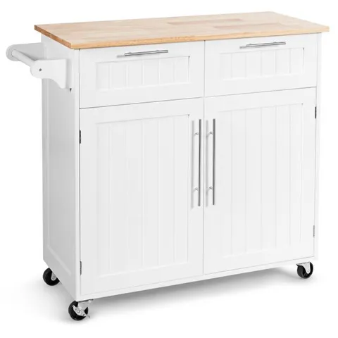 BOXED COSTWAY KITCHEN ISLAND ON WHEELS ROLLING UTILITY CART DRAWERS CABINETS SPICE RACK - WHITE (2 BOXES)