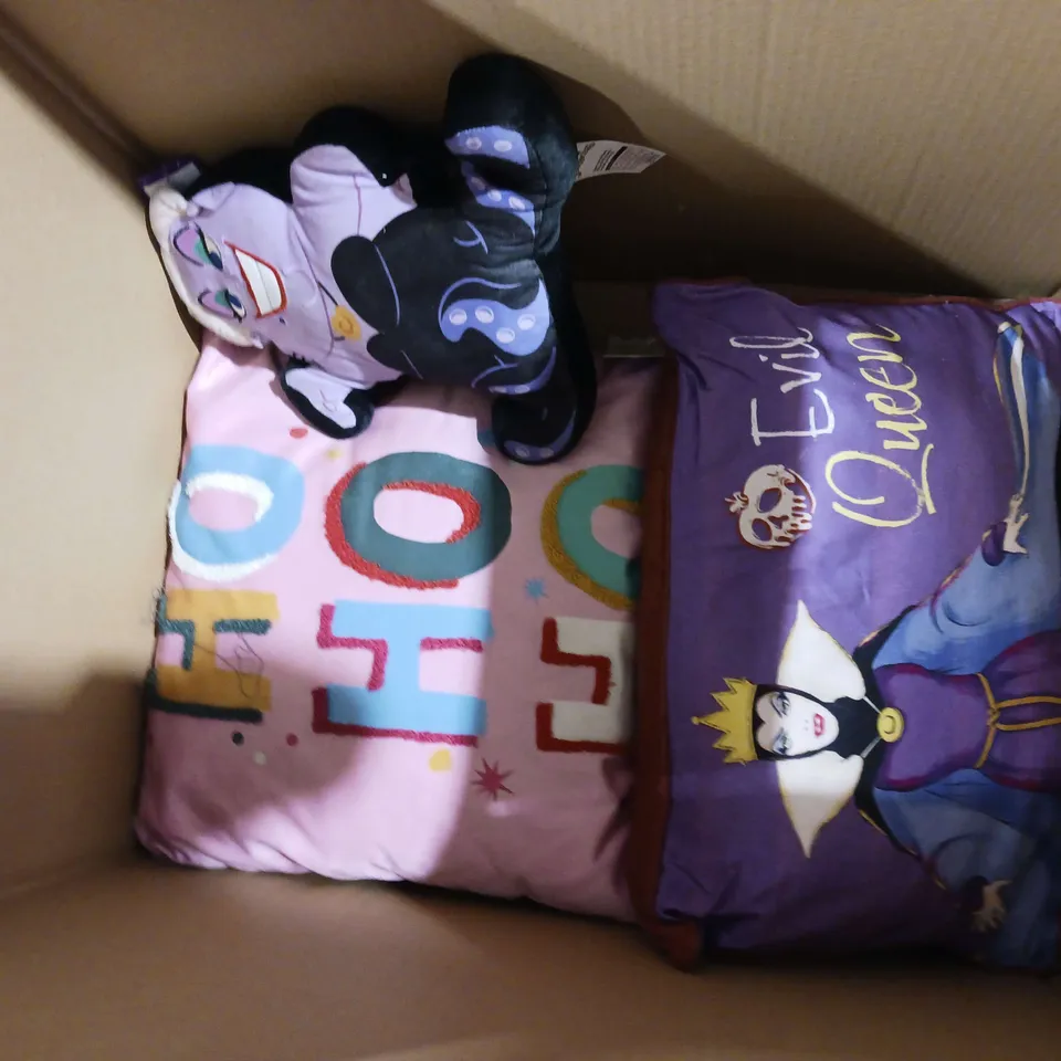 BOX OF APPROXIMATELY 6 ASSORTED THROW PILLOWS TO INCLUDE EVIL QUEEN, URSULA, AND HO HO HO ETC. 