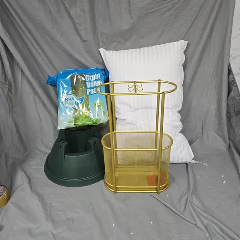 CAGE OF APPROXIMATELY 10 HOUSEHOLD ITEMS INCLUDING XMAS TREE BASE, PILLOW, PLASTIC DRINKING GLASSES, TOILET PAPER AND DISPENSER