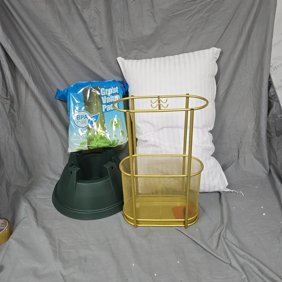 CAGE OF APPROXIMATELY 10 HOUSEHOLD ITEMS INCLUDING XMAS TREE BASE, PILLOW, PLASTIC DRINKING GLASSES, TOILET PAPER AND DISPENSER