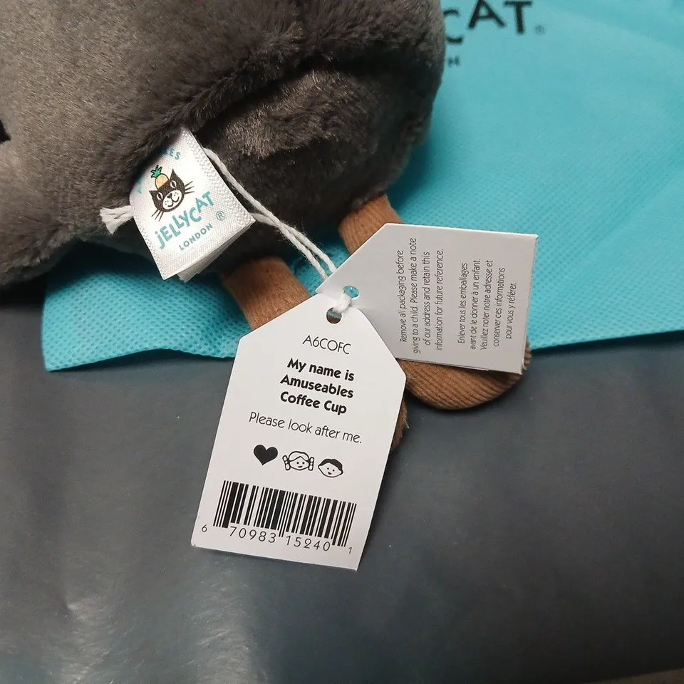 JELLYCAT AMUSEABLES COFFEE CUP PLUSH TOY IN GREY WITH TAGS