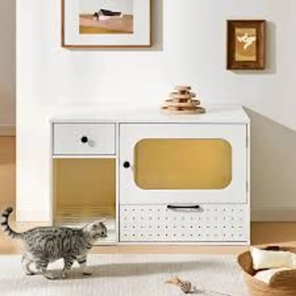 BOXED CHIC WHITE CAT LITTER BOX ENCLOSURE WITH STORAGE AND DRAWERS