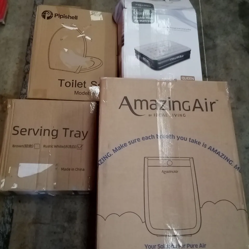 PALLET OF ASSORTED ITEMS INCLUDING PIPISHELL TOILET SEAT, OLARHIKE DOUBLE HIGH AIR MATTRESS, SERVING TRAY, AMAZING AIR PURIFIER