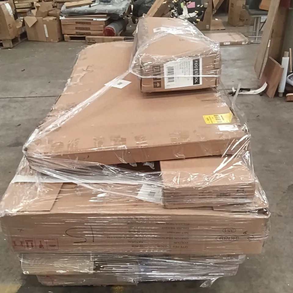 PALLET OF ASSORTED INCOMPLETE FURNITURE PARTS INCLUDING HAIDER CONSOLE TABLE, TEEPEE BED WHITE & GREY, FOOTSTOOL