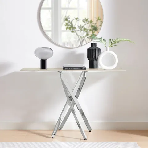 BOXED LEONARDO CONSOLE TABLE WITH WHITE GLASS MARBLE EFFECT TOP AND SILVER LEGS (2 BOXES)