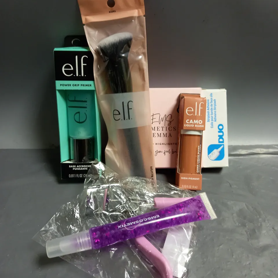 LOT OF APPROX 5 ASSORTED HEALTH AND BEAUTY ITEMS TO INCLUDE ELF POWER GRIP PRIMER (24ML), DUO STRIPLASH ADHESIVE (7G), EMS COSMETICS BY EMMA HALO HIGHLIGHTER, ETC.