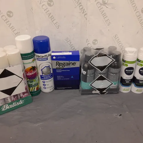 BOX OF APPROXIMATELY 7 ASSORTED AEROSOL CANS TO INCLUDE DRY SHAMPOO, SHOWE GELS AND AIR FRESHNERS - COLLECTION ONLY