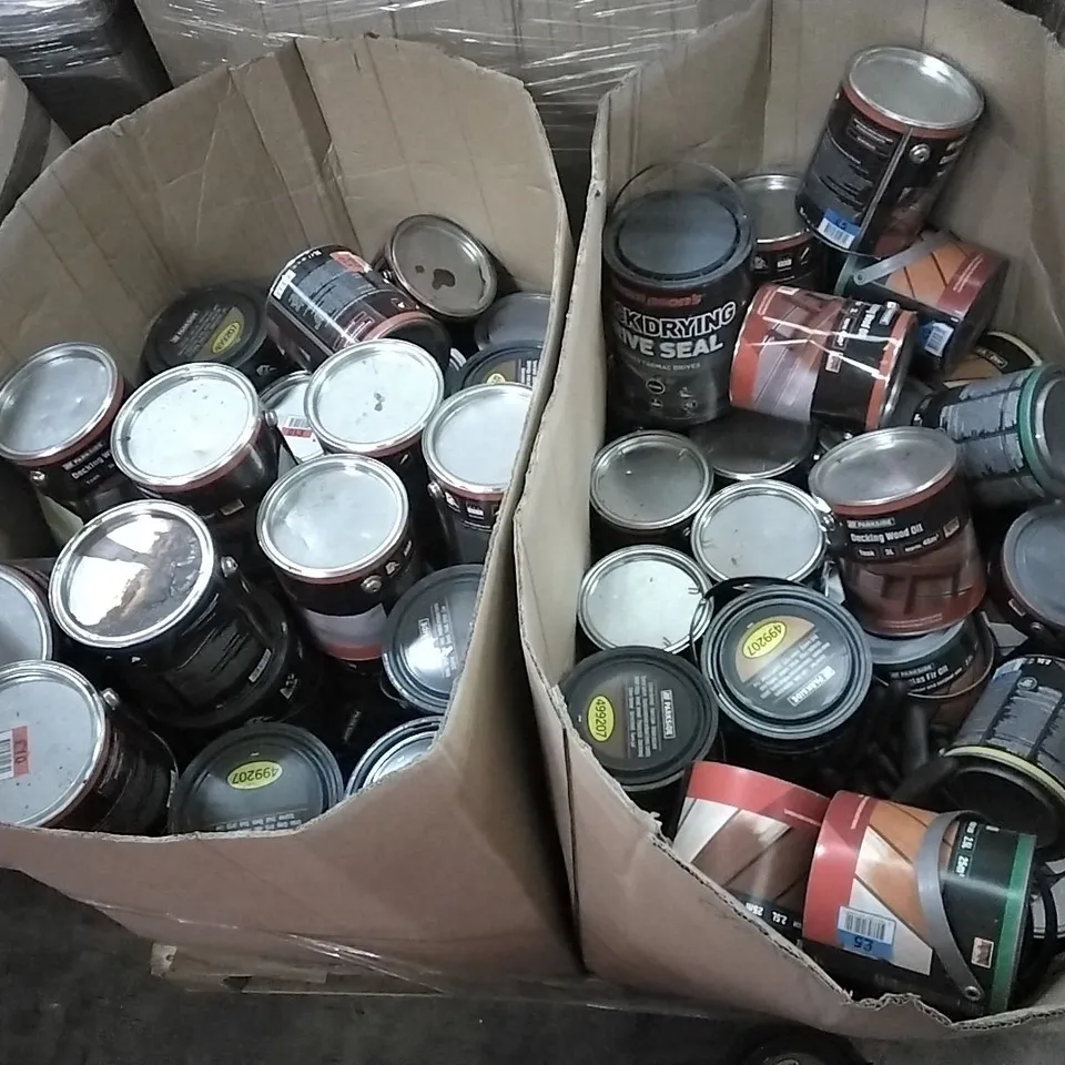 PALLET OF ASSORTED TUBS OF WOOD OIL, STAINS ETC