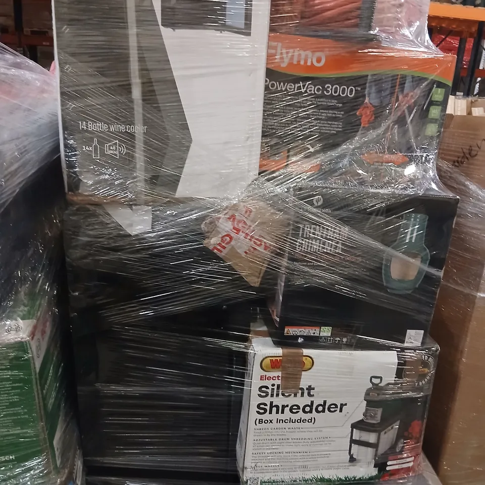 PALLET OF ASSORTED PRODUCTS TO INCLUDE; QEBB SILENT SHREDDER, STONE EFFECT FIRE PIT, FLYMO POWER VAC 3000 AND 14 BOTTLE WINE COOLER