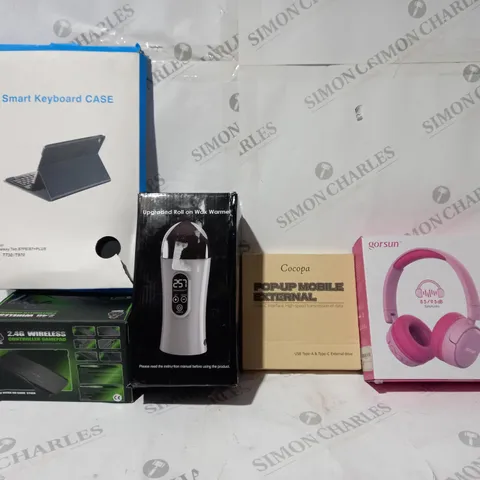 BOX OF APPROX 16 ASSORTED ITEMS TO INCLUDE - SMART KEYBOARD CASE - ROLL ON WAX WARMER - GORSUN HEADPHONES ECT