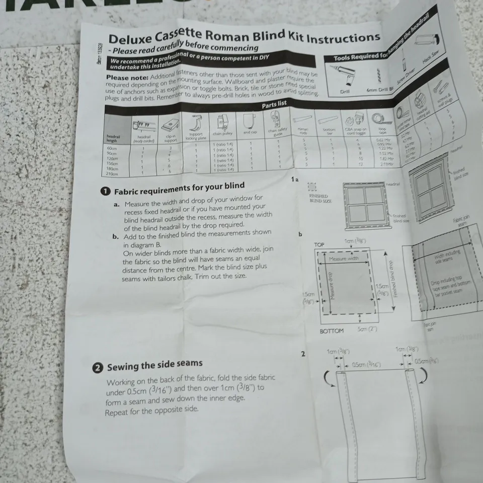 DELUXE CASSETTE ROMAN BLIND KIT – HEADRAIL & FITTINGS (INSTRUCTION SHEET INCLUDED)