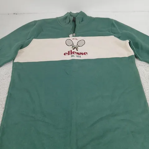 UK 10 ELLESSE ZIP-UP HOODED TRACK TOP – GREEN WITH WHITE CHEST STRIPE