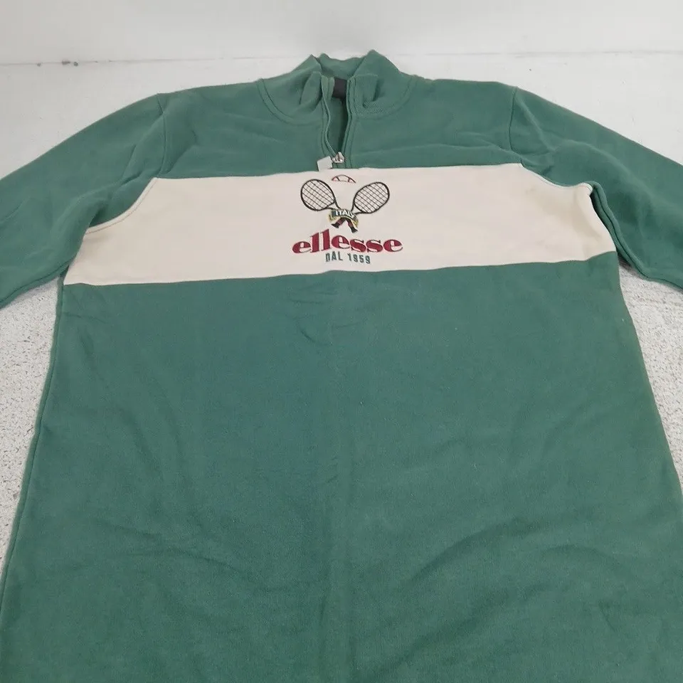 UK 10 ELLESSE ZIP-UP HOODED TRACK TOP – GREEN WITH WHITE CHEST STRIPE