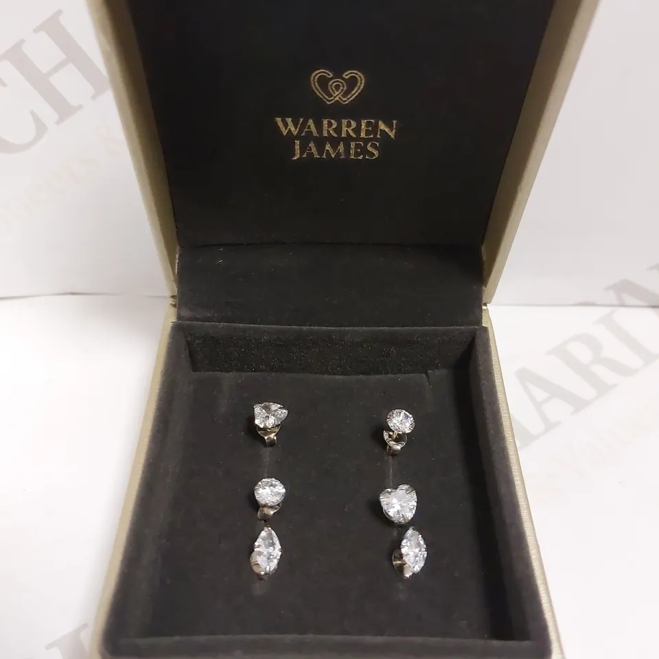 BOXED WARREN JAMES SET OF 3 SILVER EARRINGS WITH SPARKLE STONES