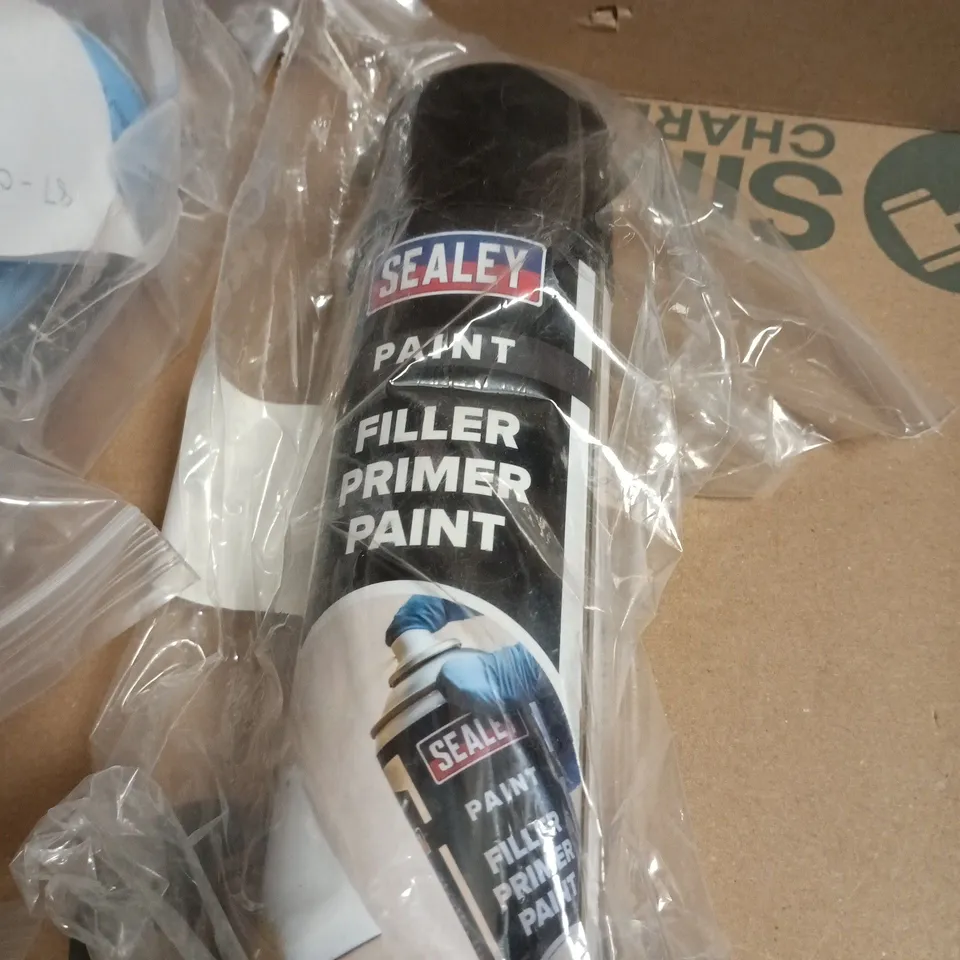 BOX OF APPROXIMATELY 12 ASSORTED ITEMS INCLUDING ARALCITE EPOXY PASTE ADHESIVE , FILLER PRIMER PAINT AND ANTI STATIC FOAMING CLEANSER