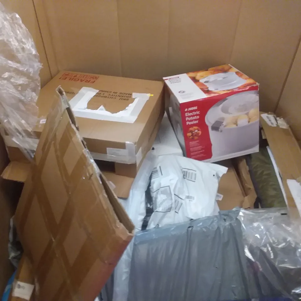 PALLET OF ASSORTED ITEMS INCLUDING OMMO AIR FRYER, COOLER BOX, PREMIUM KING AIR BED, ORGA ECO-FRIENDLY COFFEE CUPS, JUDGE ELECTRIC POTATO PEELER