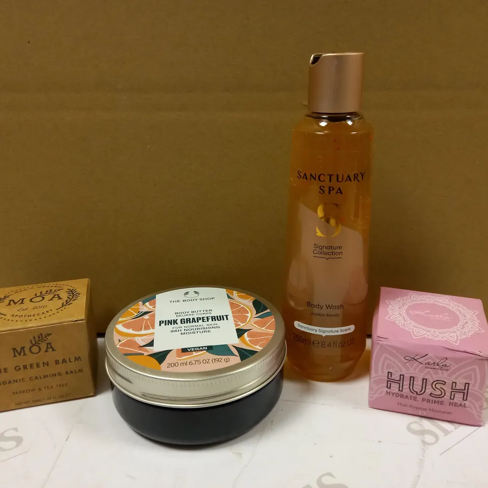 BOX OF 4 ITEMS TO INCLUDE THE BODY SHOP PINK GRAPEFRUIT BODY BUTTER, SANCTUARY SPA BODY WASH AND MOA THE GREEN BALM