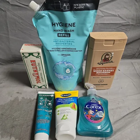ASSORTED HEALTH & BEAUTY BUNDLE: AMAZON HYGIENE HAND WASH REFILL, EUTHYMOL TOOTHPASTE, MR. SQUATCH WOOD BARREL BOURBON BODY WASH, CAREX HAND WASH, DR. SCHOLL'S INTENSE NOURISH FOOT & NAIL CREAM