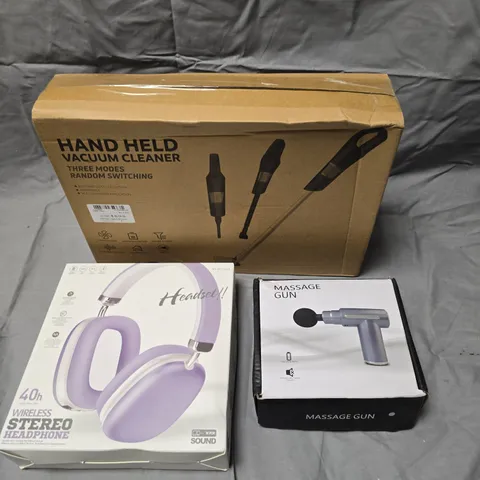 APPROXIMATELY 10 ASSORTED ELECTRICAL PRODUCTS TO INCLUDE MASSAGE GUN, STEREO HEADSET, HAND HELD VACUUM CLEANER ETC 
