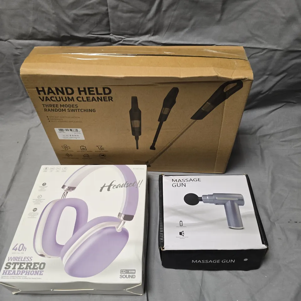 APPROXIMATELY 10 ASSORTED ELECTRICAL PRODUCTS TO INCLUDE MASSAGE GUN, STEREO HEADSET, HAND HELD VACUUM CLEANER ETC 