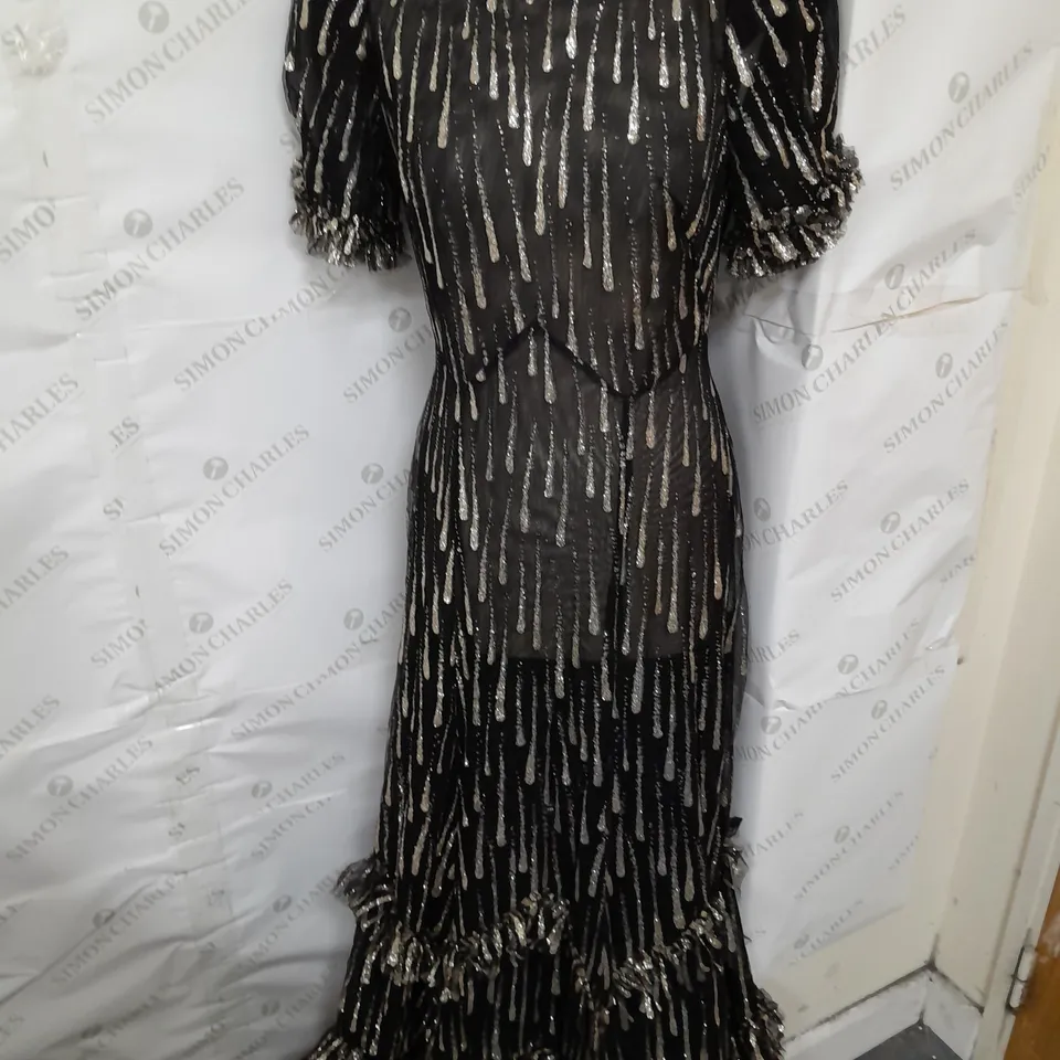 THE VAMPIRE'S WIFE PUFF SLEEVE RUFFLE GLITTER DROPLET MAXI DRESS IN GOLD AND BLACK MESH SIZE 6