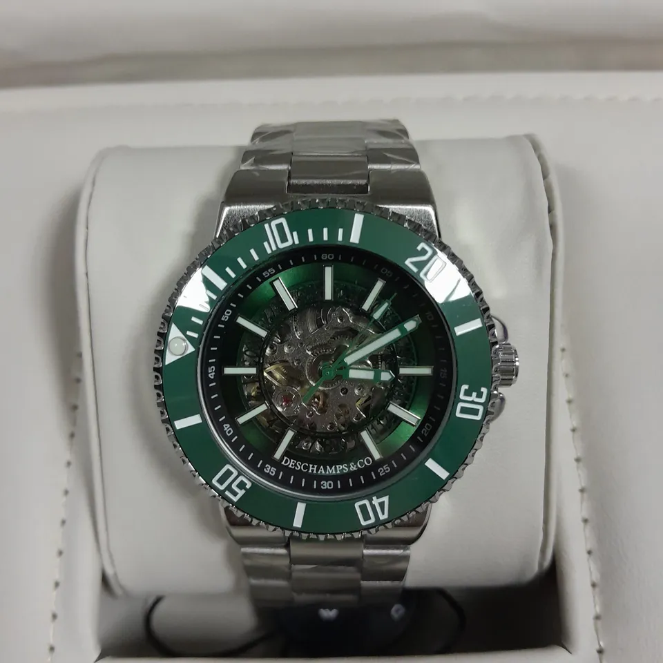 BOXED DESCHAMPS & CO AUTOMATIC WATCH GREEN SKELETON DIAL STAINLESS STEEL STRAP 